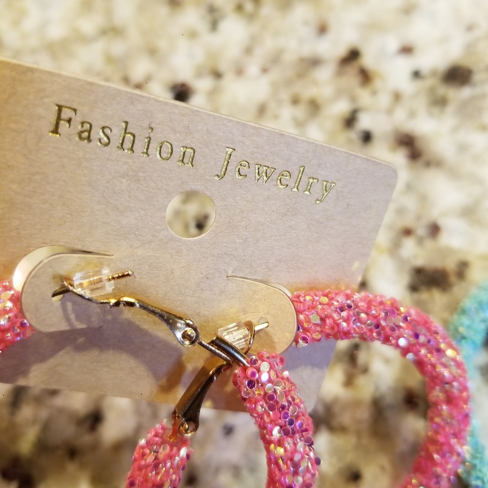Pink Coral Big Circle Hoop Glitter Earring NWT - Picture 4 of 8